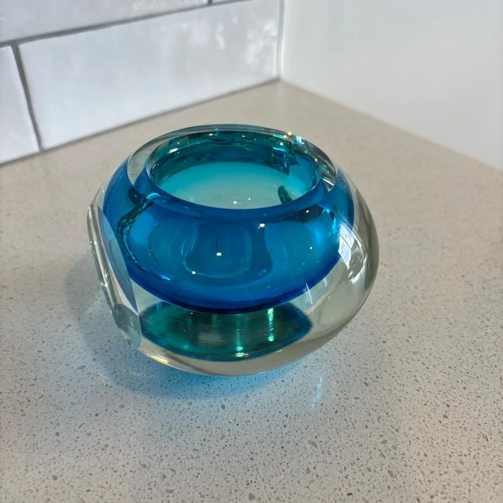 VTG Fifth Avenue Crystal Blue Clear Sommerso Faceted Votive Vase Paperweight